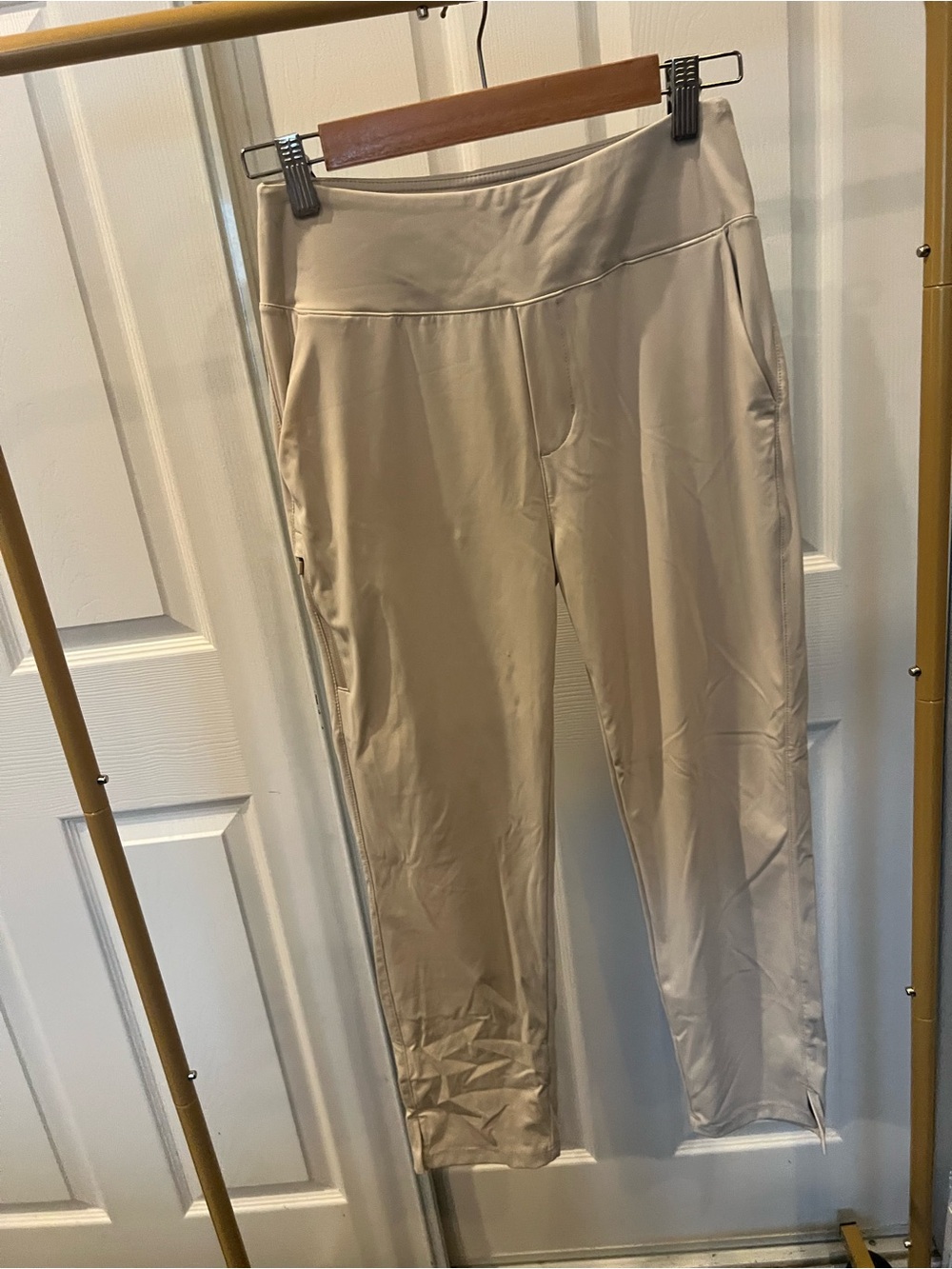 Straight-Leg Athletic Pull-On Pants in Light Beige